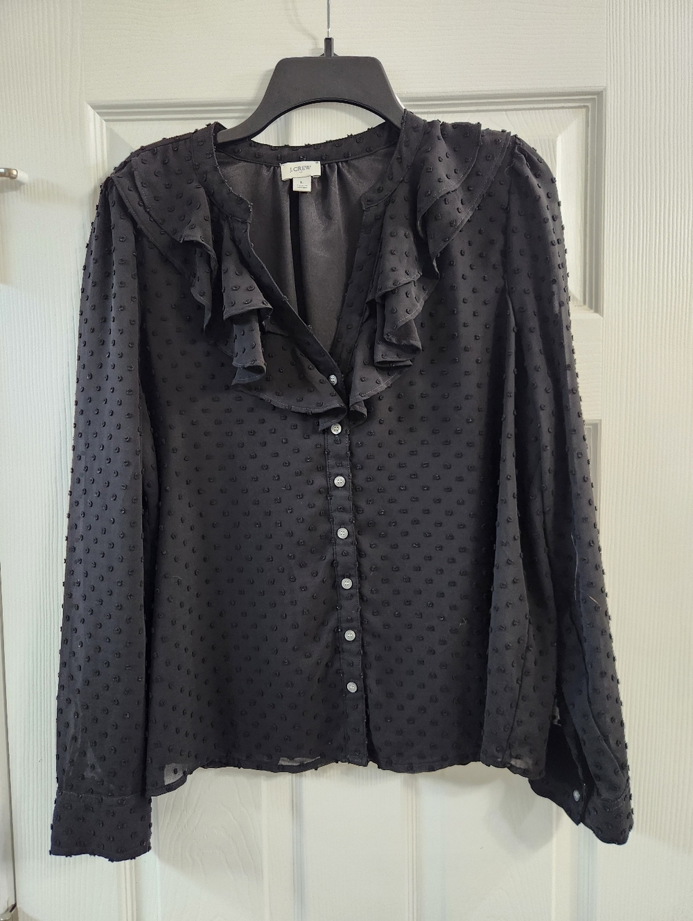 J. Crew Black Swiss Dot Ruffle Button-Up Blouse